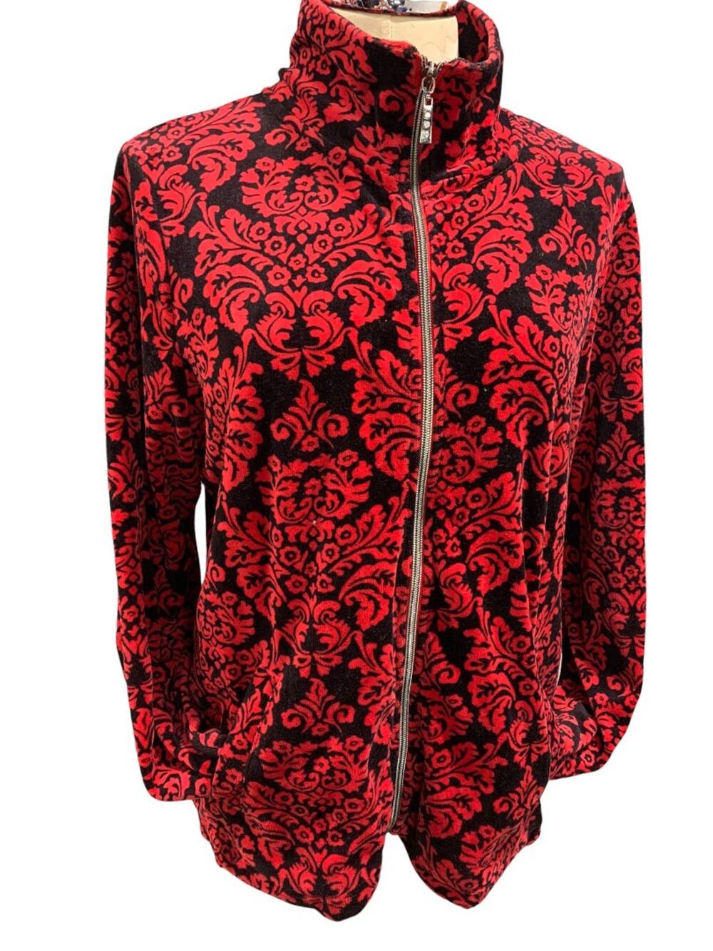 Large Onque Casuals New Women's Y2K Velour Zip Up Jacket Red Black Ornate